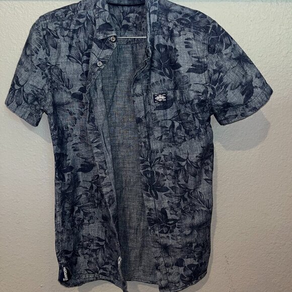 VINTAGE SUPERDRY SHIRTING Short Sleeve Men's Button Up Shirt - Floral Denim - S - Picture 1 of 6